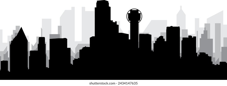 Schwarzes Stadtbild-Skyline-Panorama mit grauen nebligen Stadtgebäuden Hintergrund des DALLAS, VEREINIGTE STAATEN VON AMERIKA