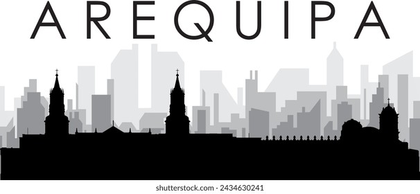 Black cityscape skyline panorama with gray misty city buildings background of AREQUIPA, PERU