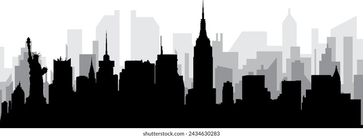 Black cityscape skyline panorama with gray misty city buildings background of NEW YORK CITY, UNITED STATES OF AMERICA