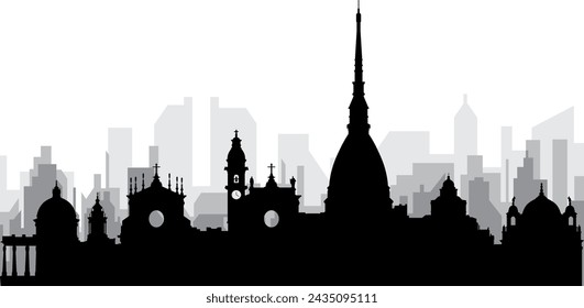 Black cityscape skyline panorama with gray misty city buildings background of TURIN (TORINO), ITALY