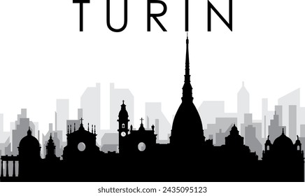 Black cityscape skyline panorama with gray misty city buildings background of TURIN (TORINO), ITALY