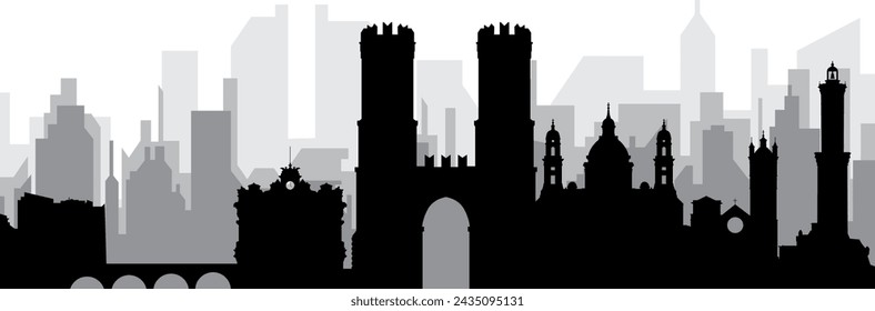 Black cityscape skyline panorama with gray misty city buildings background of GENOA (GENOVA), ITALY