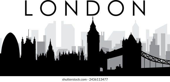 Black cityscape skyline panorama with gray misty city buildings background of LONDON, UNITED KINGDOM