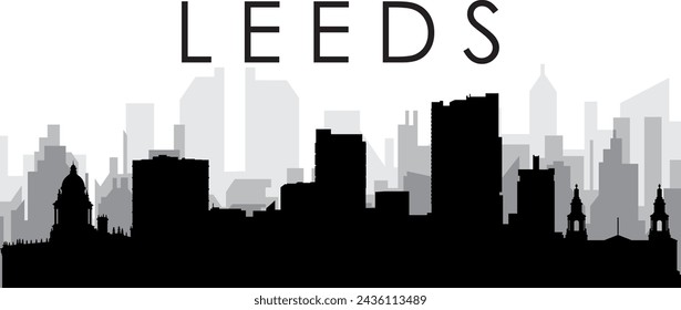 Black cityscape skyline panorama with gray misty city buildings background of LEEDS, UNITED KINGDOM