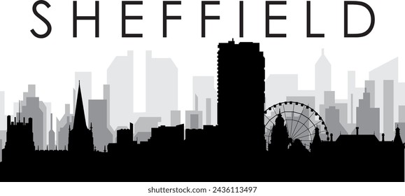 Black cityscape skyline panorama with gray misty city buildings background of SHEFFIELD, UNITED KINGDOM