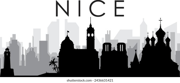 Black cityscape skyline panorama with gray misty city buildings background of NICE, FRANCE