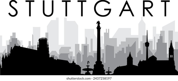Black cityscape skyline panorama with gray misty city buildings background of STUTTGART, GERMANY