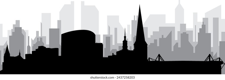 Black cityscape skyline panorama with gray misty city buildings background of DORTMUND, GERMANY