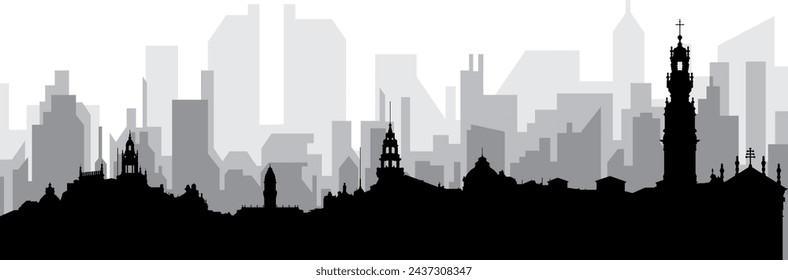 Black cityscape skyline panorama with gray misty city buildings background of PORTO, PORTUGAL