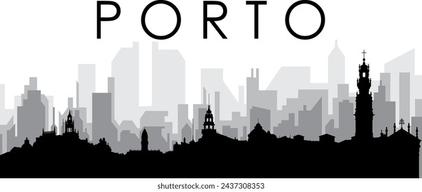 Black cityscape skyline panorama with gray misty city buildings background of PORTO, PORTUGAL