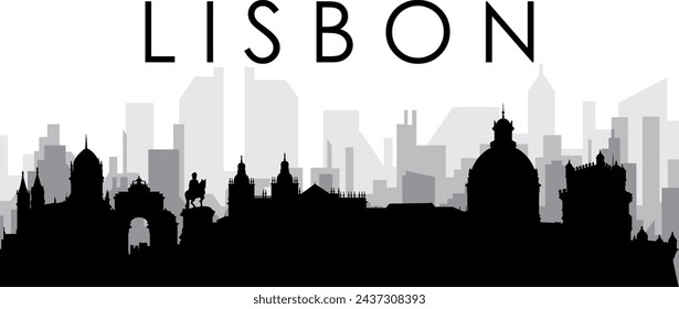 Black cityscape skyline panorama with gray misty city buildings background of LISBON, PORTUGAL