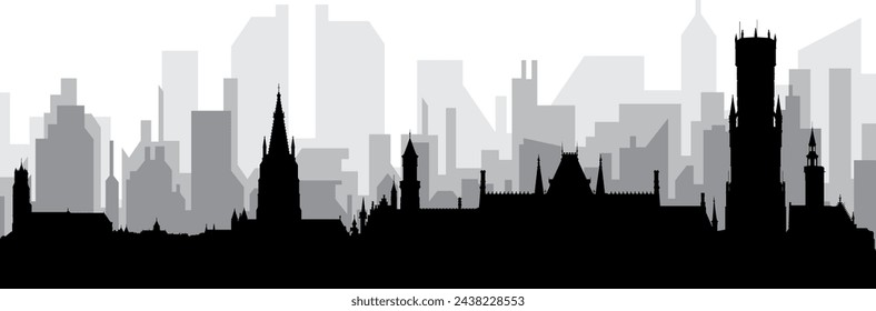 Black cityscape skyline panorama with gray misty city buildings background of BRUGES, BELGIUM