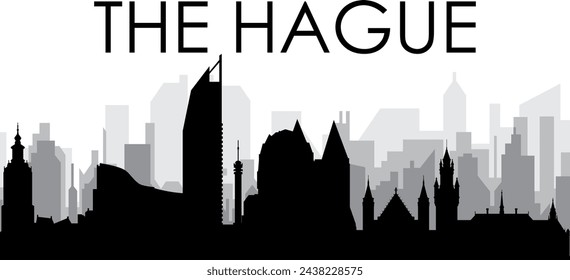 Black cityscape skyline panorama with gray misty city buildings background of THE HAGUE, NETHERLANDS