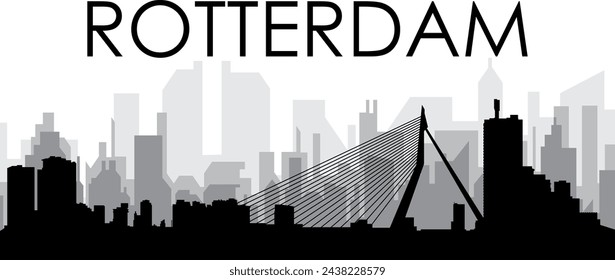 Black cityscape skyline panorama with gray misty city buildings background of ROTTERDAM, NETHERLANDS