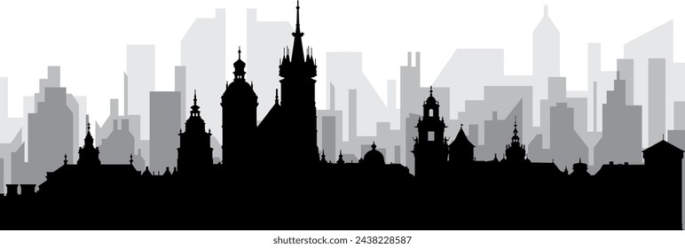 Black cityscape skyline panorama with gray misty city buildings background of KRAKOW, POLAND
