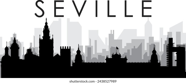 Black cityscape skyline panorama with gray misty city buildings background of SEVILLE, SPAIN