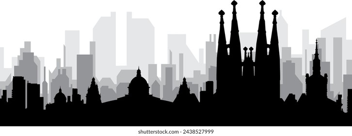 Black cityscape skyline panorama with gray misty city buildings background of BARCELONA, SPAIN