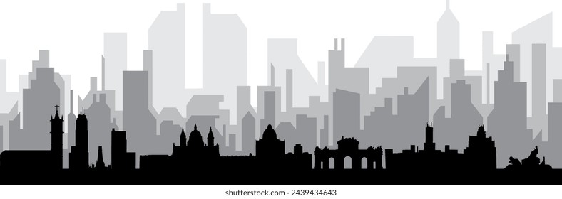 Black cityscape skyline panorama with gray misty city buildings background of MADRID, SPAIN