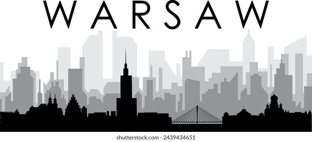 Black cityscape skyline panorama with gray misty city buildings background of WARSAW, POLAND