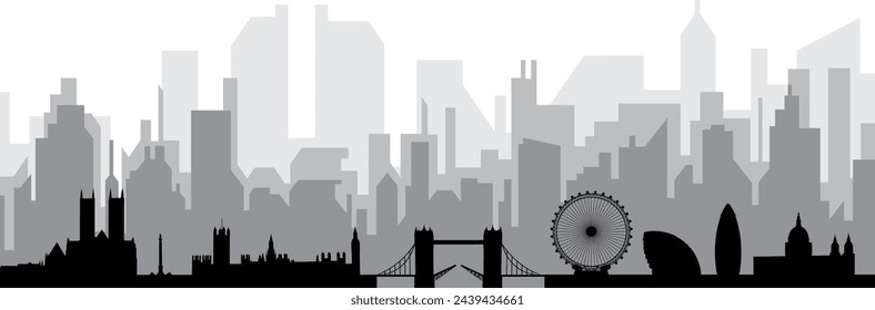 Paisaje urbano negro panorama del horizonte con los edificios de la ciudad gris brumoso fondo de LONDRES, Reino Unido