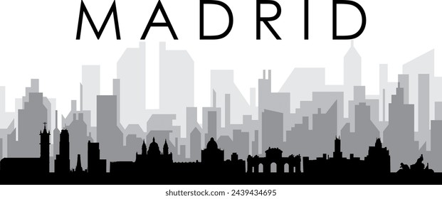 Black cityscape skyline panorama with gray misty city buildings background of MADRID, SPAIN