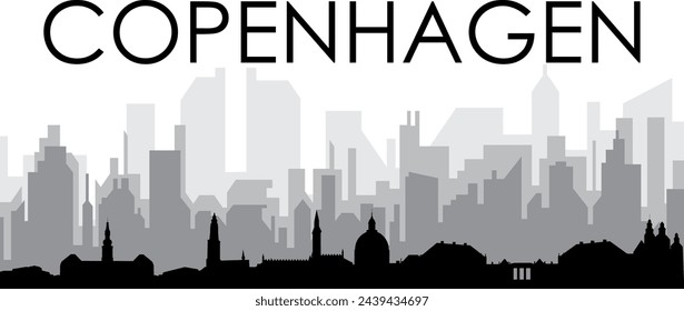 Black cityscape skyline panorama with gray misty city buildings background of COPENHAGEN, DENMARK