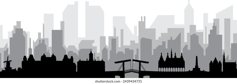 Black cityscape skyline panorama with gray misty city buildings background of AMSTERDAM, NETHERLANDS