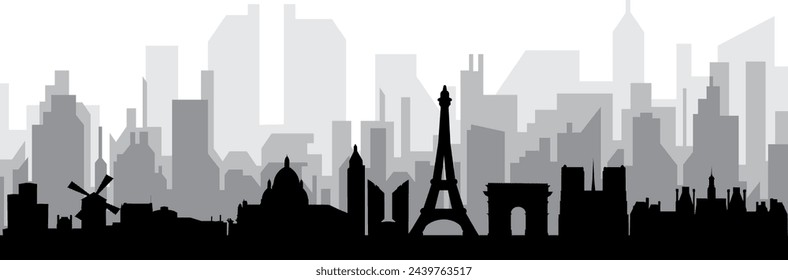 Black cityscape skyline panorama with gray misty city buildings background of PARIS, FRANCE