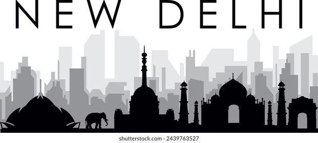 Black cityscape skyline panorama with gray misty city buildings background of NEW DELHI, INDIA