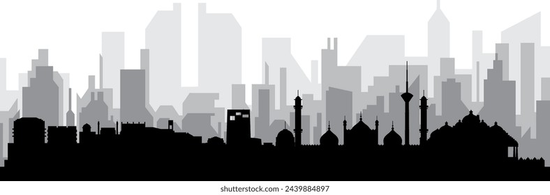 Black cityscape skyline panorama with gray misty city buildings background of NEW DELHI, INDIA