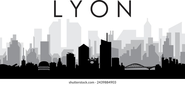 Black cityscape skyline panorama with gray misty city buildings background of LYON, FRANCE