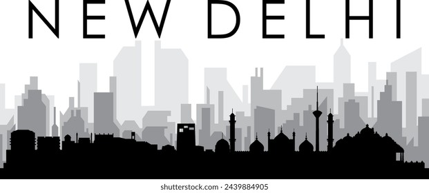 Black cityscape skyline panorama with gray misty city buildings background of NEW DELHI, INDIA