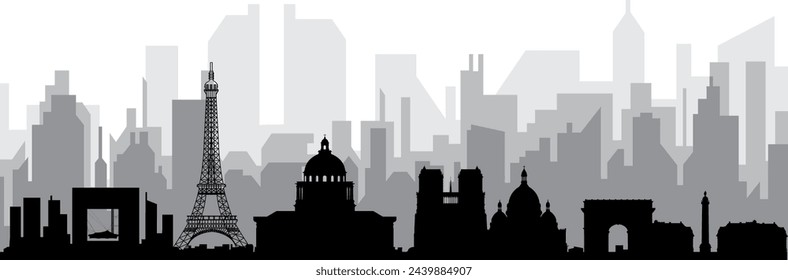 Black cityscape skyline panorama with gray misty city buildings background of PARIS, FRANCE