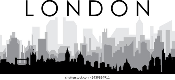 Black cityscape skyline panorama with gray misty city buildings background of LONDON, UNITED KINGDOM