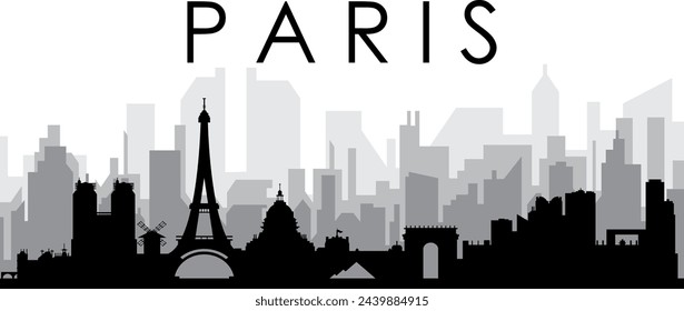 Black cityscape skyline panorama with gray misty city buildings background of PARIS, FRANCE