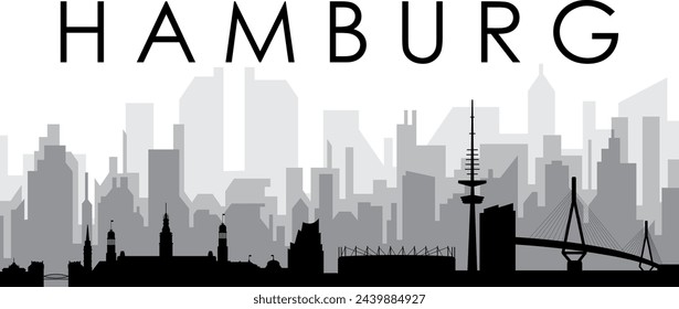 Black cityscape skyline panorama with gray misty city buildings background of HAMBURG, GERMANY