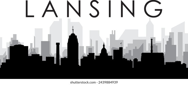 Black cityscape skyline panorama with gray misty city buildings background of LANSING, UNITED STATES