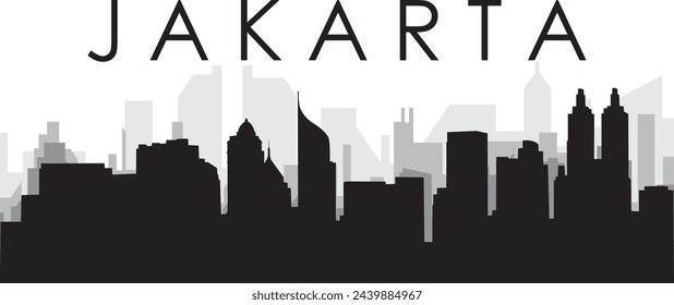 Black cityscape skyline panorama with gray misty city buildings background of JAKARTA, INDONESIA