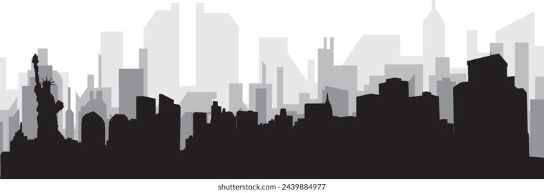 Black cityscape skyline panorama with gray misty city buildings background of NEW YORK, UNITED STATES