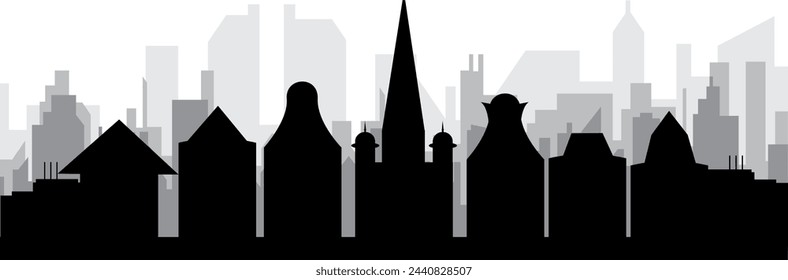 Black cityscape skyline panorama with gray misty city buildings background of AMSTERDAM, NETHERLANDS