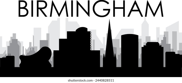 Black cityscape skyline panorama with gray misty city buildings background of BIRMINGHAM, UNITED KINGDOM