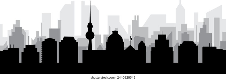 Black cityscape skyline panorama with gray misty city buildings background of BERLIN, GERMANY