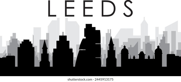 Black cityscape skyline panorama with gray misty city buildings background of LEEDS, UNITED KINGDOM