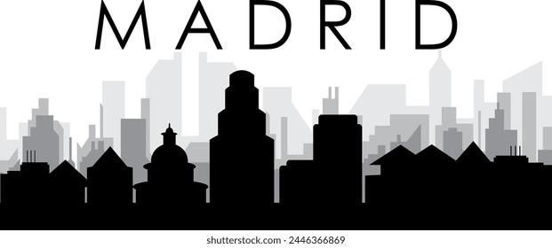 Black cityscape skyline panorama with gray misty city buildings background of MADRID, SPAIN