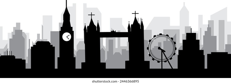 Black cityscape skyline panorama with gray misty city buildings background of LONDON, UNITED KINGDOM