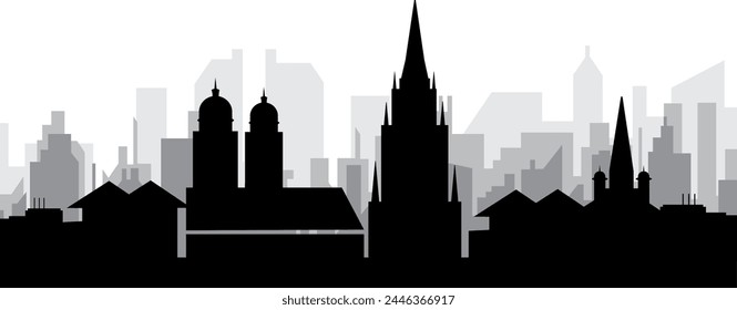 Black cityscape skyline panorama with gray misty city buildings background of MUNICH, GERMANY