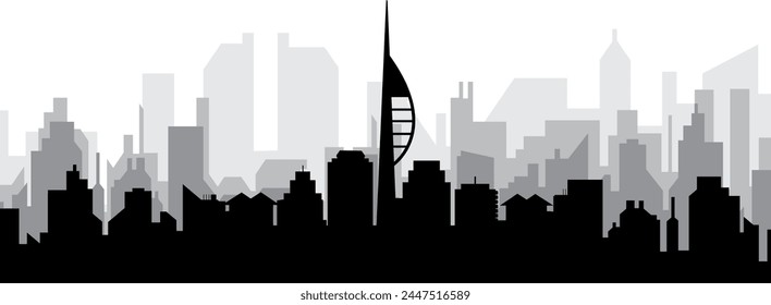 Black cityscape skyline panorama with gray misty city buildings background of PORTSMOUTH, UNITED KINGDOM