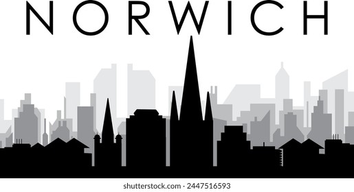 Black cityscape skyline panorama with gray misty city buildings background of NORWICH, UNITED KINGDOM