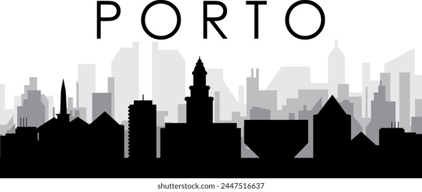 Black cityscape skyline panorama with gray misty city buildings background of PORTO, PORTUGAL