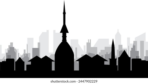Black cityscape skyline panorama with gray misty city buildings background of TURIN, ITALY